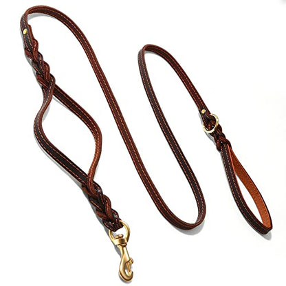 Guiding Star Double Handle Leather Dog Leash 6ft, Heavy Duty Braided Dog Leash with Traffic Handle for Small Medium & Large Dogs (Two Handles 6 Foot x 5/8", Brown) - color: Brown