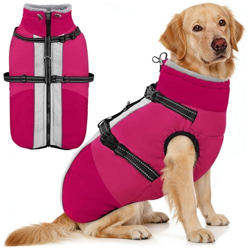 AOFITEE Dog Coat, Windproof Turtleneck Dog Jacket with Built in Harness, Reflective Dogs Jackets with Fleece Lining, Waterproof Pet Winter Coat for Cold Weather for Border Collie, Beagle, Hot Pink XL - color: RoseRed, size: X-Large