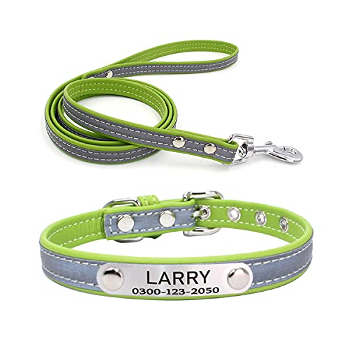 Custom Personalized Reflective Cat Dog Collar and Leash Set with Engraved Name Plate Green Puppy Kitty Dog Cat Collar and 4 FT Leash Set for Small Medium Large Girl Boy Dogs Cats - color: Green, size: XL (15.0-18.1in)