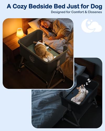 Bedside Dog Bed, 6-Height Adjustable Elevated Cat Bed for Small & Medium Puppy & Cat, Extension for Human Bed, Pet Bassinet with Removable & Washable Cover, Dogs Couch with Sides (30" L x 21" W) - size: Large