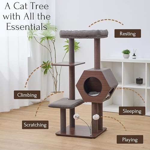 PetPals 5-Level 46.4” Mid-Century Modern Cat Tree with Hexagon Condo, Replaceable Recycled Paper Rope Scratchers, Washable Bed&Toys, Quick Assembly, Ideal for Medium Cats,Dark Brown - color: Dark Brown
