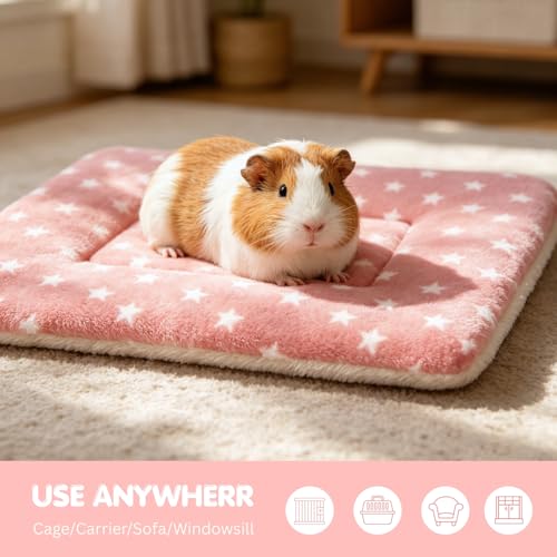 4 Pack Rabbit Bed Mat, 14" x 11" Soft Fluffy Flannel Small Pet Blanket, Washable Sleeping Pad for Guinea Pigs, Bunnies, Star Print - Pink - color: Pink, size: 14x10 Inch