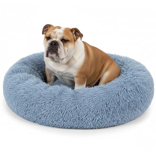 PetAmi Calming Dog Bed for Small & Medium Dogs and Cats, 30 Round Donut Dog Bed, Washable Fluffy Faux Fur Puppy & Cat Bed, Anti-Anxiety Plush Cuddler Pet Bed with Anti-Slip Bottom - Blue - color: Dusty Blue, size: Medium - 30"