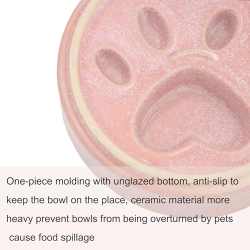 Ceramic Slow Feeder Bowl, 6.69 x 5.7 inches, Elevated Design with Paw Pattern, for Cats and Small Dogs (Pink) - color: Pink