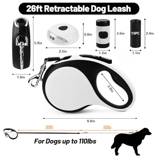 26ft Heavy Duty Retractable Dog Leash for Large Dogs, Dog Leash with Poop Bag Holder, Up to 100lbs, With LED Light, Chew Proof Cable, One-Handed Pause & Lock, 360° No Tangle. (White+, 26Ft) - color: White+