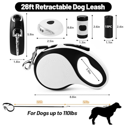 26ft Heavy Duty Retractable Dog Leash for Large Dogs, Dog Leash with Poop Bag Holder, Up to 100lbs, With LED Light, Chew Proof Cable, One-Handed Pause & Lock, 360° No Tangle. (White+, 26Ft) - color: White+
