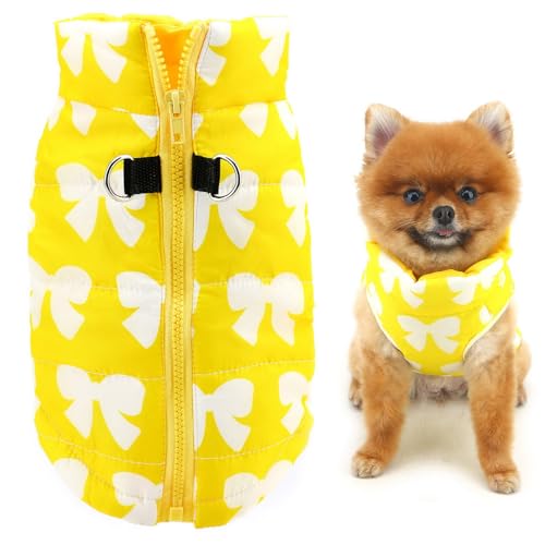 SMALLLEE_LUCKY_STORE Pet Water Resistant Winter Jacket Vest with D-Ring for Small Dog Cat Zip-up Padded Puppy Coat Chihuahua Yorkie Kitten Warm Clothes, Yellow, M - color: yellow, size: M(chest 16.5" back 12.6")