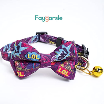 Faygarsle 2 Pack Cotton Designer Breakaway Cats Collar with Bow Tie and Bell Graffiti Style Cat Collars for Girl Female Boy Male Cat Collar with Bell Collars for Cats Purple Yellow - color: Purple&Yellow