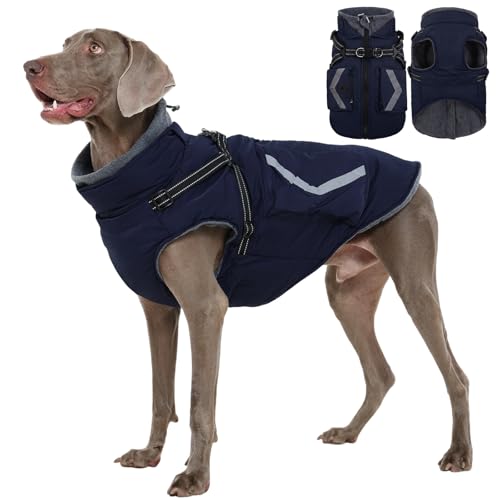 FUAMEY Fleece Lined Dog Coat, Warm Dogs Jacket with Harness, Pop Bag Pockets, Extra Large Doggy Thermal Vest Back Zipper Winter Suit, Snow Cold Weather Outfits, Cocker Spaniel (Dark Blue, 2XL) - color: Navy, size: XX-Large