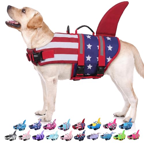 Dog Life Jacket - Shark Life Vest for Swimming Boating - Reflective Lifejacket Swimsuit for Small Medium Large Dogs - High Buoyancy Lifesaver Preserver with Rescue Handle, USAFlag Shark XS - color: USA Flag 2, size: X-Small