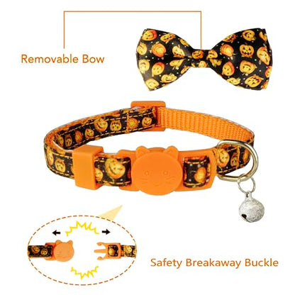 Halloween Cat Collar with Bell, Kitty Kitten Holiday Bow tie Collar Breakaway 2 Pack for Girl and Boys Male Female cat - color: Pattern E