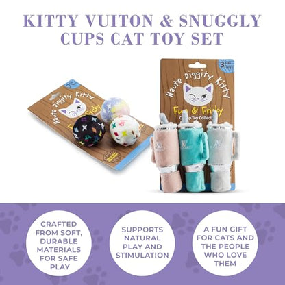 Haute Diggity Kitty Vuiton Monogram Balls + Snuggly Cups Set, Plush Cat Toys Catnip Filled with Interactive Crackle Sound, Safe & Durable Toys for Cat & Kitten, 6 Pcs - style: Kitty Vuiton Monogram Balls + Snuggly Cups