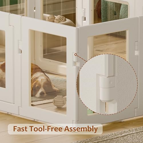 Clear Acrylic Dog Playpen Indoor, Puppy Cat Small Pet Play Pen, Easy Assemble & Disassemble Sturdy Plastic Dog Fence with Heavy Duty Door Lock (24In H, 10PCS), White - color: White, style: 10 Panels - 24 In