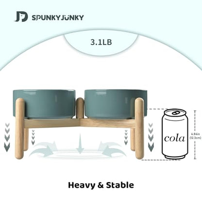 SPUNKYJUNKY Ceramics Raised Dog Bowls with Wooden Stand - Elevated Dog Feeding Set (Double 28.7OZ, Dark Green) - color: Dark Green (Double Bowls Set), size: Medium - 3.6 CUPS