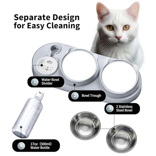 3 in 1 Cat Bowl, Cat Food and Water Bowl Set with Water Dispenser and Stainless Steel Bowls, 15° Tilted Pet Raised Three Bowls for Indoor Cats, Small or Medium Sized Dogs
