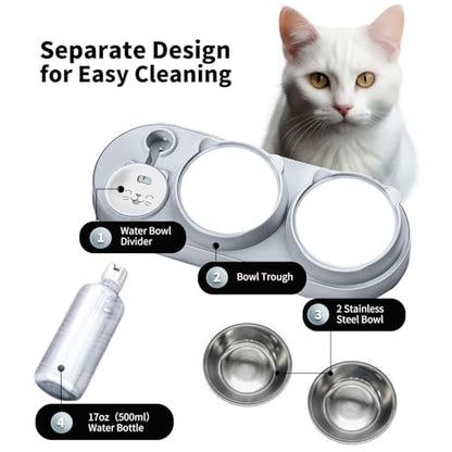3 in 1 Cat Bowl, Cat Food and Water Bowl Set with Water Dispenser and Stainless Steel Bowls, 15° Tilted Pet Raised Three Bowls for Indoor Cats, Small or Medium Sized Dogs