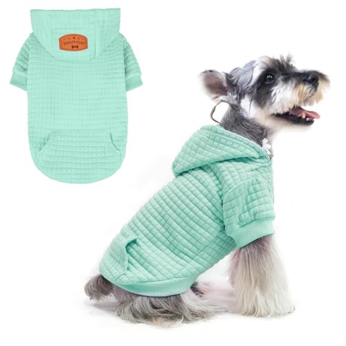 BEAUTYZOO Small Dog Hoodie Sweater with Pockets, Dog Clothes for Small Medium Dogs Boy Girl, Waffle-Like Laminated Cotton Pet Coats with Hat and Leash Hole, Mint Green S - color: Mint Green, size: S (Back: 12",Chest: 16", Neck: 10")