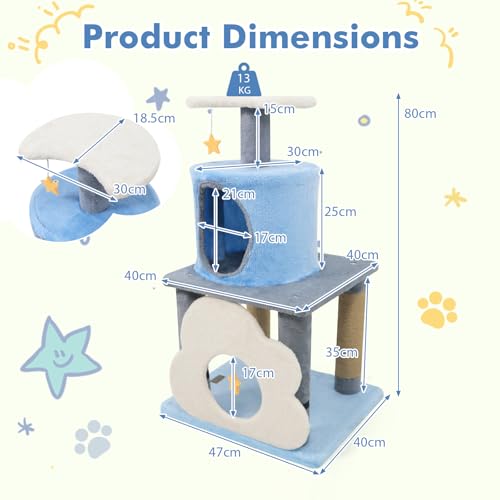 PETSITE 31.5-inch Cute Cat Tree, Multi-Level Small Cat Tree with Scratching Posts, Condo, Star-Shaped Dangling Toys, and Top Perch, Star, Moon & Cloud Elements Mixed, Ideal for Indoor Cats (Blue) - color: Blue
