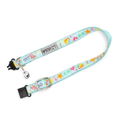 THE WORTHY DOG Life's a Beach Cat Collar with Bell, Adjustable Nylon Safety Collar, Mint Green, One Size - color: Mint Green-Life's a Beach