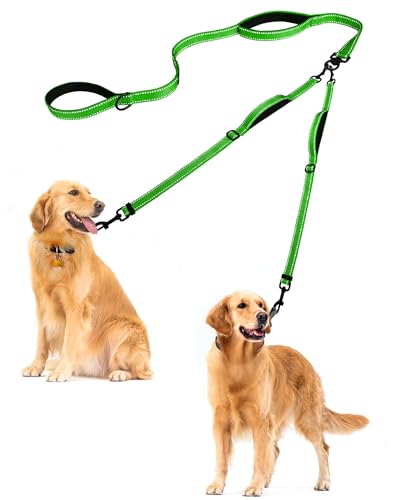 Double Dog Leash, No Tangle Dual Leash, Reflective Walking Training Lead, 4 Comfortable Padded Handles for 2 Dogs with Collapsible Bowl and Waste Bags (Grass Green, Large) - color: Grass Green