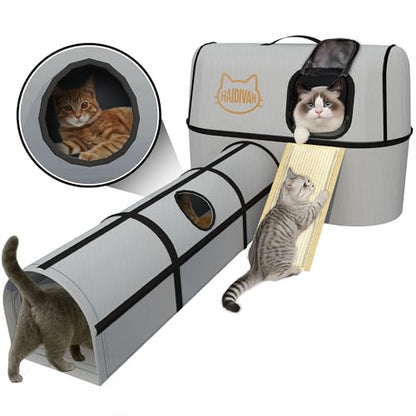 Pet 4-in-1 Cat Tunnel, Carrier, House & Scratcher – Detachable and Combinable – Indoor Beds, Outdoor Use, Cat Toys & Furniture (Gray)
