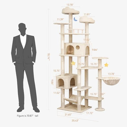 Meecal 79inch Heavy Duty Cat Tree for Indoor Cats Large Adult, Tall Giant Cat Tower with Scratching Post, Large Perches, Cozy Cat Condos & Hanging Hammocks, Beige - color: Beige