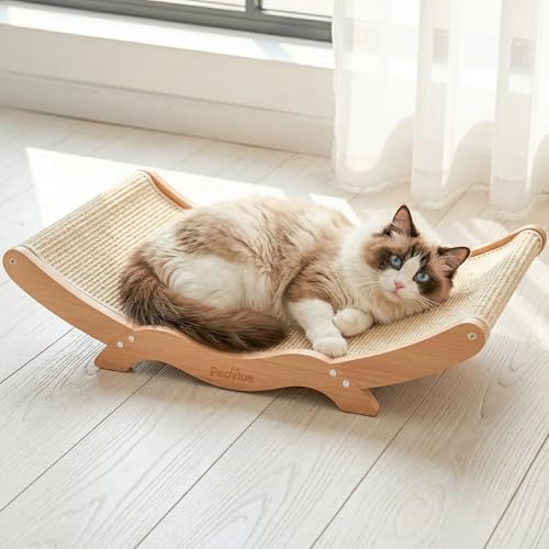Extra-Large Cat Scratcher Bed with Natural Sisal Scratching Pad, Wooden Cat Bed Lounge Hammock for Indoor Cats, Durable Cat Scratching Post Furniture for Large Cats