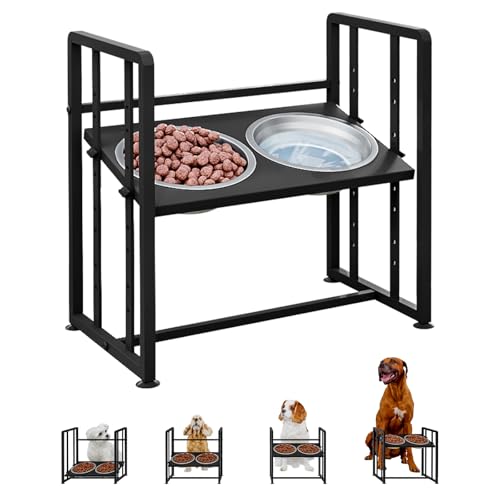 Elevated Dog Bowls 4 Height Adjustable Metal Pet Food Feeder Stand with 2 Stainless Steel Bowl Raised Dogs Feeding Station with Non-Slip Mats Black (Black, Without Feeding Mat) - color: Black, size: 17.91x11.02x17.05in