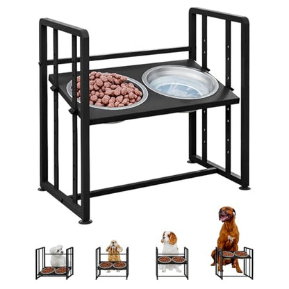 Elevated Dog Bowls 4 Height Adjustable Metal Pet Food Feeder Stand with 2 Stainless Steel Bowl Raised Dogs Feeding Station with Non-Slip Mats Black (Black, Without Feeding Mat) - color: Black, size: 17.91x11.02x17.05in