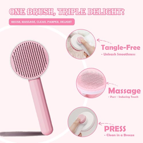 Self Cleaning Cat Brush for Shedding, LED Light Nail Clipper, Nail Clipper and Nail File, Slicker Brushes and Nail Trimmer for Long Haired Cats, Grooming Kit, Cat Lover Gifts - color: Pink