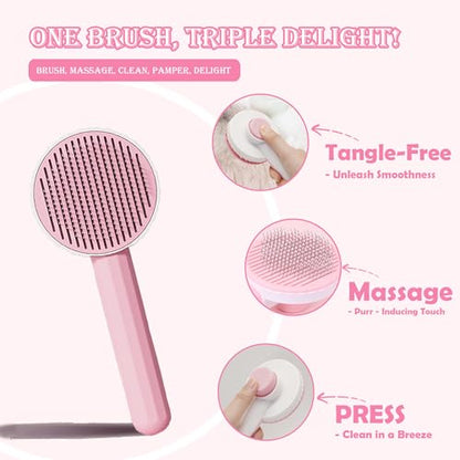 Self Cleaning Cat Brush for Shedding, LED Light Nail Clipper, Nail Clipper and Nail File, Slicker Brushes and Nail Trimmer for Long Haired Cats, Grooming Kit, Cat Lover Gifts - color: Pink