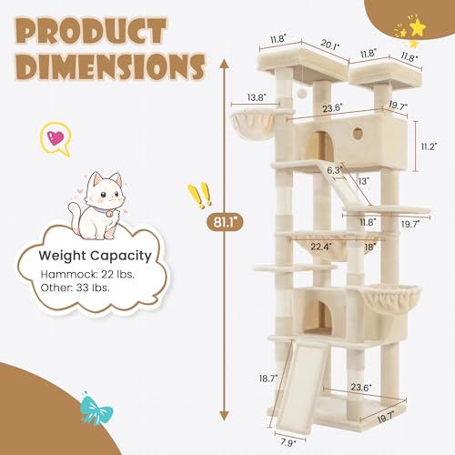 SHA CERLIN 81in Multi-Level Tall Cat Tree Tower for Indoor Kitties/Larger Cat Condo Furniture with Hammock/Cozy Pussycat Perches/Sisal Scratching Posts/Pet House/Wide Base/Beige - color: Beige