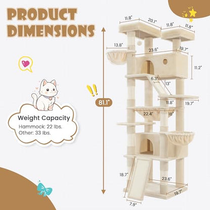 SHA CERLIN 81in Multi-Level Tall Cat Tree Tower for Indoor Kitties/Larger Cat Condo Furniture with Hammock/Cozy Pussycat Perches/Sisal Scratching Posts/Pet House/Wide Base/Beige - color: Beige