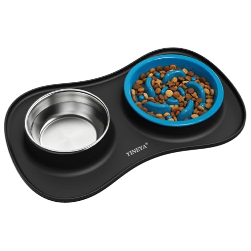 YINEYA 3 in 1 Slow Feeder Dog Bowls & Stainless Steel Food and Water Bowl with Non-Spill Dog Bowl Mat, Anti-Choking Puppy Bowls, Floor Safe & Easy Clean for Large Medium Small Dogs Cats - color: Black, size: Large