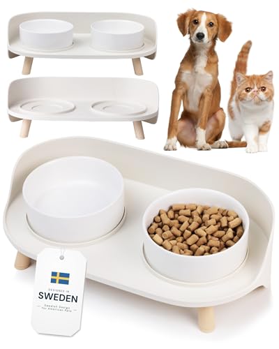 MalsiPree Elevated Dog Bowls - Puppy Adoption Gifts & Cute Puppy Accessories - 45° Tilt Feeding Station with Ceramic Dishes - Food and Bowls Set - Dog Birthday Gifts for Small Pets - Sand Beige - size: Small