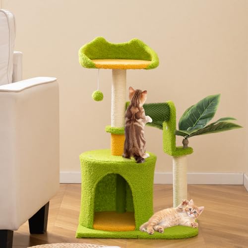 PETSITE Palm Cute Cat Tree, 31 Inches Tall with Sisal Scratching Posts, Condo, Dangling Ball, and Self Groomer, Ideal for Indoor Small & Medium Cats (19 x 13 x 31 inches) - size: 19 x 13 x 31 inches