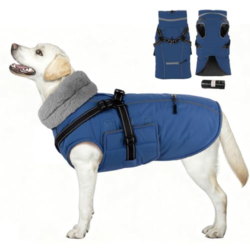 Dog Coat Large, Built-in Harness Dog Jacket with Warm Fleece Lining, Waterproof Reflective Dogs Winter Coat, Pet Coats with Pocket and Trash Bags (Navy Blue, XXX-Large) - color: Navy Blue, size: XXX-Large
