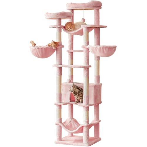 77-Inch Pink Cat Tree for Indoor Cats, Multi-Level Large Cat Tower with 4 Hammocks, 2 Padded Perches, Cat Condo, Sisal Scratching Posts and Hanging Toys for Large Adult Cat - color: Pink, size: XXL (19.7 x 19.7 x 77 Inches)