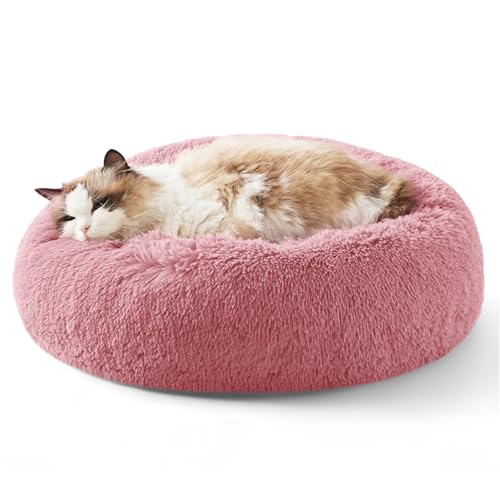 Bedsure Calming Cat Beds for Indoor Cats - Small Cat Bed Washable 20 inches, Anti-Slip Round Fluffy Plush Faux Fur Pet Bed, Fits up to 15 lbs Pets, Mauve Blush - color: Mauve Blush, size: 20"L x 20"W x 6"Th