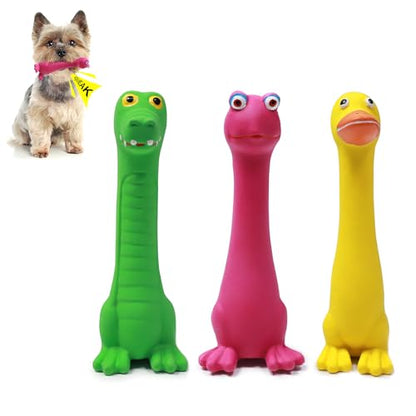 Latex Squeaky Dog Toys, 3 Pack Soft Rubber Dog Chew Toys, 7" Standing Stick Animal Pet Toy to Keep Them Busy, Interactive Fetch Squeak Toy for Puppy Small Dogs - color: Purple & Yellow & Green