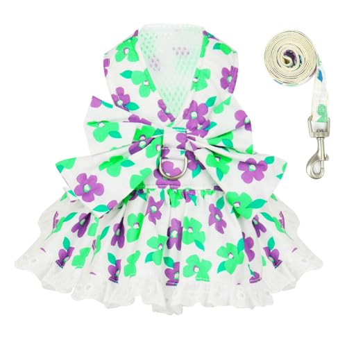 ABRRLO Dog Harness Dress Leash Set for Small Dog Summer Clothes Girl Female Puppy Cats Outfits Cute Floral Bowknot Princess Birthday Dress for Extra Small Pet Doggie Kitten Outfits Apparel(Green,S) - color: Green, size: Small
