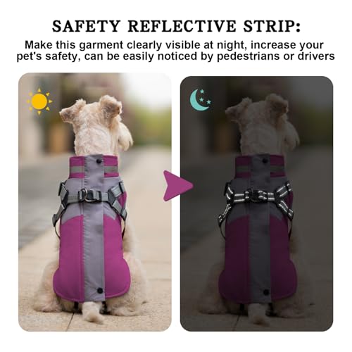 Cozy Dog Jacket, Padded Fleece Dog Vest with Built-in Harness, 100% Waterproof Reflective Snow Pet Coat Clothes with Zipper, Purple, L - color: Purple, size: Large