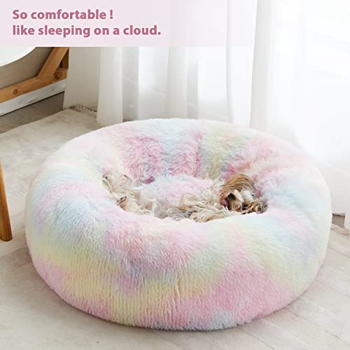 WNPETHOME Calming Dog Bed Cat Bed Donut, Faux Fur Pet Bed Self-Warming Donut Cuddler, Comfortable Round Plush Dog Beds (24 x 24 x 8 Inch, Rainbow) - color: Rainbow, size: 24"L x 24"W x 8"Th