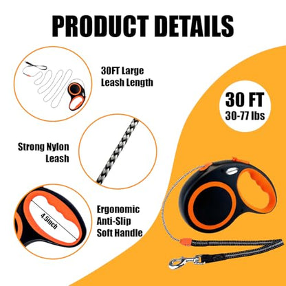 Retractable Dog Leash Automatic Telescopic Tractor Dog Tape, 30 FT Dog Walking Leash for Medium Large Dogs up to 77 lbs with Non-Slip Handle,Night Reflection,Heavy Duty No Tangle