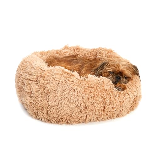 Barkbox Dog Bed, 2-in-1 Memory Foam Donut Cuddler Dog and Cat Bed, Calming Orthopedic Joint Relief Fur Crate Lounger for Pets, Machine Washable + Removable Cover, Waterproof Lining, Includes Toy - color: Sand, size: Small