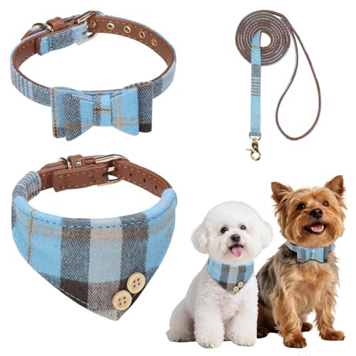 BINGPET Puppy Collar and Leash Set for Small Dogs, Plaid Bowtie Dog Collars Bandana for Boy Girl Dogs, Cute Adjustable Collar and Leash Set with Bow for Dog Cat Outdoor Walking, Blue S (No Bell) - color: Blue, size: S(Neck Girth 9"-12")