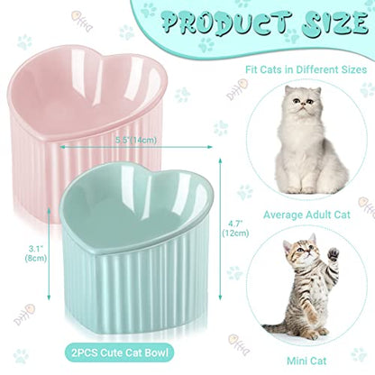 Mumufy 2 Pcs Ceramic Elevated Cat Bowls Tilted Elevated Raised Pet Bowls Anti Vomit Cat Dish for Indoor Stress Free Water Dish Feeder for Puppies, Heart Shaped(Macaron Blue, Pink) - color: Macaron Blue, Pink