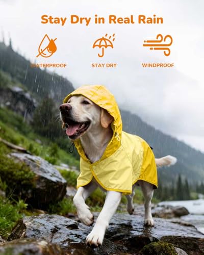 Waterproof Dog Raincoat with Hood, Extended Coverage Rain Jacket for Large Dogs, Wind-Resistant Secure Fit with Leg Straps, Reflective, Leash Hole, Easy Hook & Loop Fastener On/Off, Yellow, L - color: Yellow, size: Large