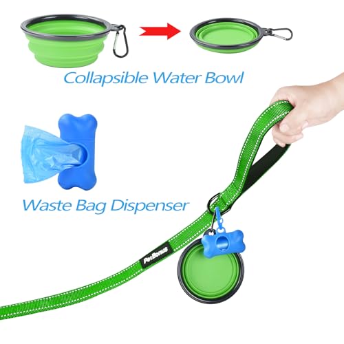 Double Dog Leash, No Tangle Dual Leash, Reflective Walking Training Lead, 4 Comfortable Padded Handles for 2 Dogs with Collapsible Bowl and Waste Bags (Grass Green, Large) - color: Grass Green