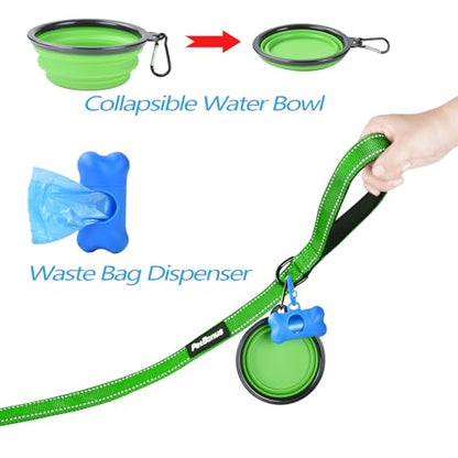Double Dog Leash, No Tangle Dual Leash, Reflective Walking Training Lead, 4 Comfortable Padded Handles for 2 Dogs with Collapsible Bowl and Waste Bags (Grass Green, Large) - color: Grass Green